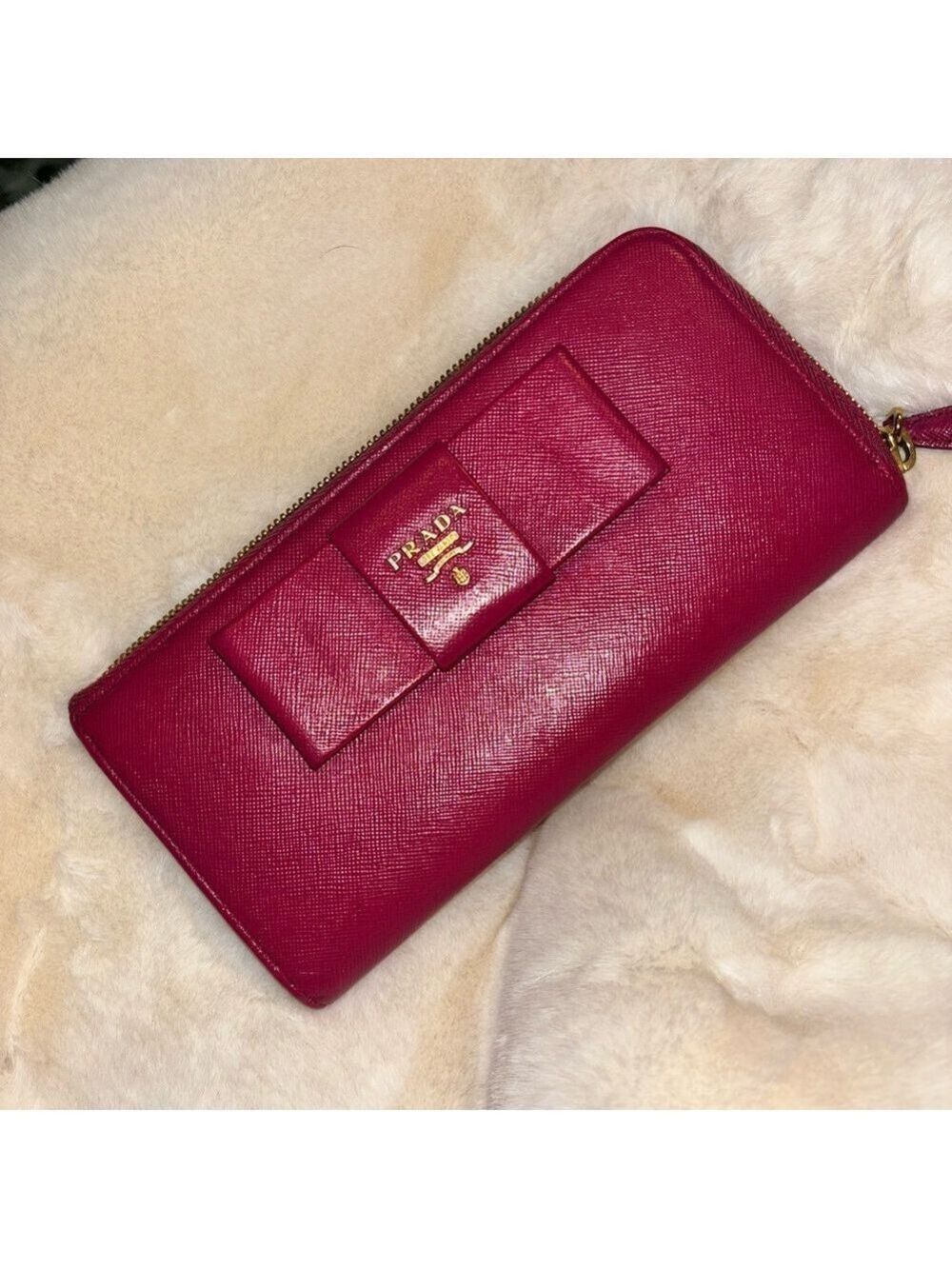 Prada Pink Saffiano Leather Wallet with Bow